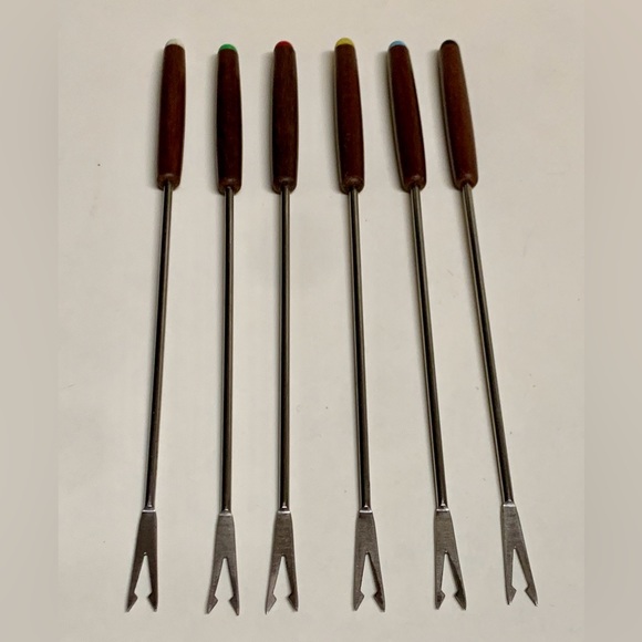 Set of 6 1960s Vintage Japanese Walnut Stainless Fondue Skewer Forks - Picture 7 of 10